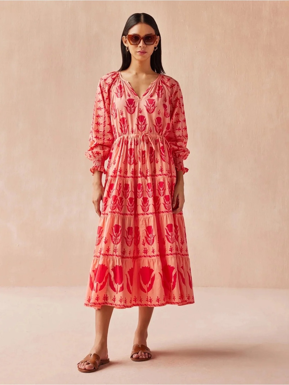 Omika Women's Riviera Midi Dress In Pali Persimmon Tiered Cotton Dress Small